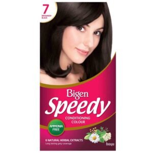 Bigen Speedy Hair Dye for Women Brownish Black 7 – fast 10-minute conditioning hair color for natural dark brown-black shade with shine.