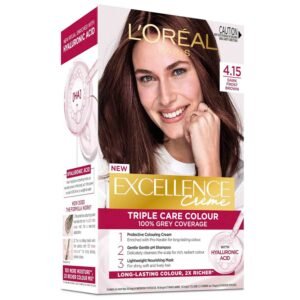 L’Oréal Paris Excellence Hair Color 4.15 Dark Frosted Brown – cool-toned dark brown hair dye with subtle icy highlights and full grey coverage.