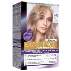 L’Oréal Paris Excellence Hair Color 9.12 Cool Pearl Very Light Blonde – ultra-light ash blonde shade with cool pearl tones and full gray coverage.