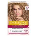 L’Oréal Paris Excellence Hair Color 7.31 Natural Dark Caramel Blonde – warm caramel blonde hair dye with rich shine and full grey coverage.