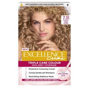 L’Oréal Paris Excellence Hair Color 7.31 Natural Dark Caramel Blonde – warm caramel blonde hair dye with rich shine and full grey coverage.