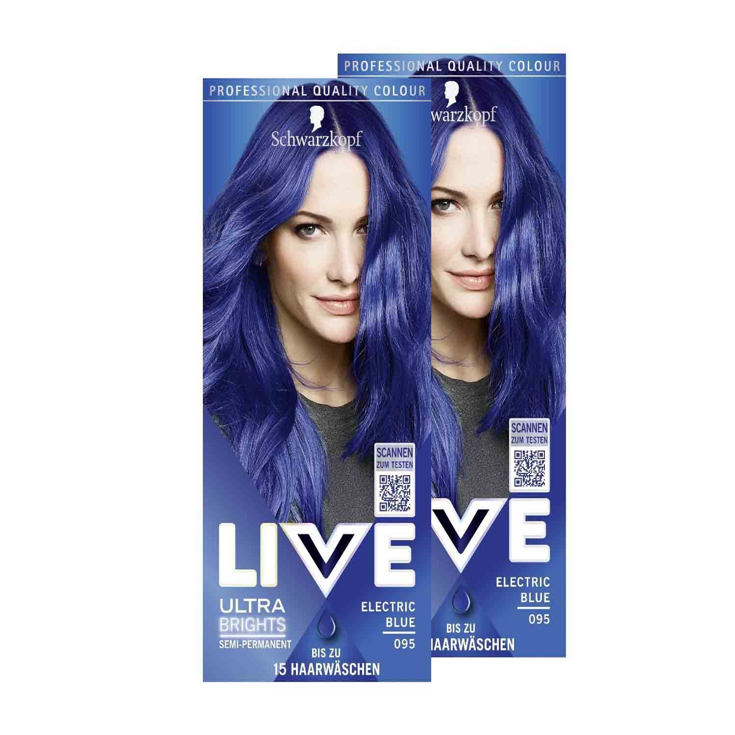 Schwarzkopf LIVE Ultra Brights Semi-Permanent Hair Colour β 095 Electric Blue Schwarzkopf LIVE Ultra Brights 095 Electric Blue β semi-permanent vibrant blue hair color for bold, intense results.