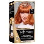 L’Oréal Préférence Hair Color 7.4 Mango Copper – long-lasting vibrant copper shade with shine and full gray coverage.