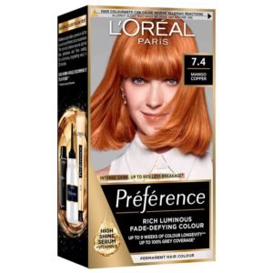 L’Oréal Préférence Hair Color 7.4 Mango Copper – long-lasting vibrant copper shade with shine and full gray coverage.