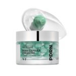 VT Cosmetics PDRN Capsule Cream with blue capsules in gel texture for hydration, glow, and skin repair.