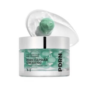VT Cosmetics PDRN Capsule Cream with blue capsules in gel texture for hydration, glow, and skin repair.