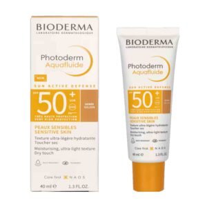 Bioderma Photoderm Aquafluide SPF50+ Golden – lightweight tinted sunscreen with matte finish and natural golden tone.