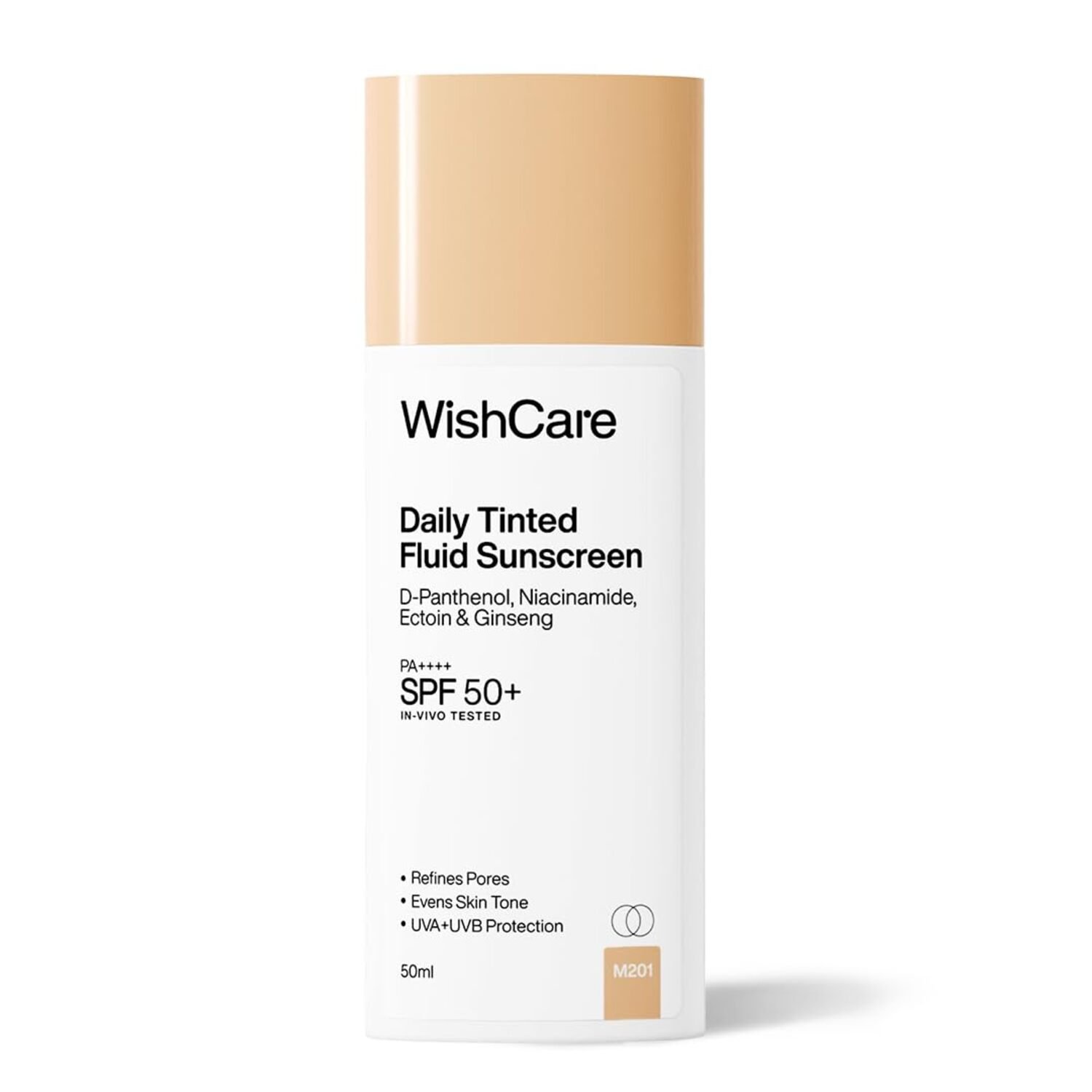 WishCare Daily Fluid Tinted Sunscreen SPF50 PA++++ – M201 (50ml) WishCare Daily Fluid Tinted Sunscreen SPF50 PA++++ M201 with lightweight tinted coverage and sun protection.